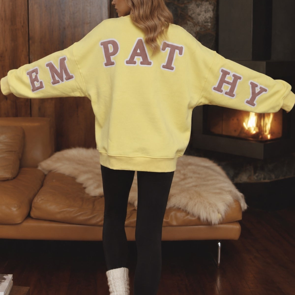 Kadın Oversize Sweatshirt Empathy 3D Baskılı Sarı – Bisiklet Yaka, 3 İplik Şardonlu Polar