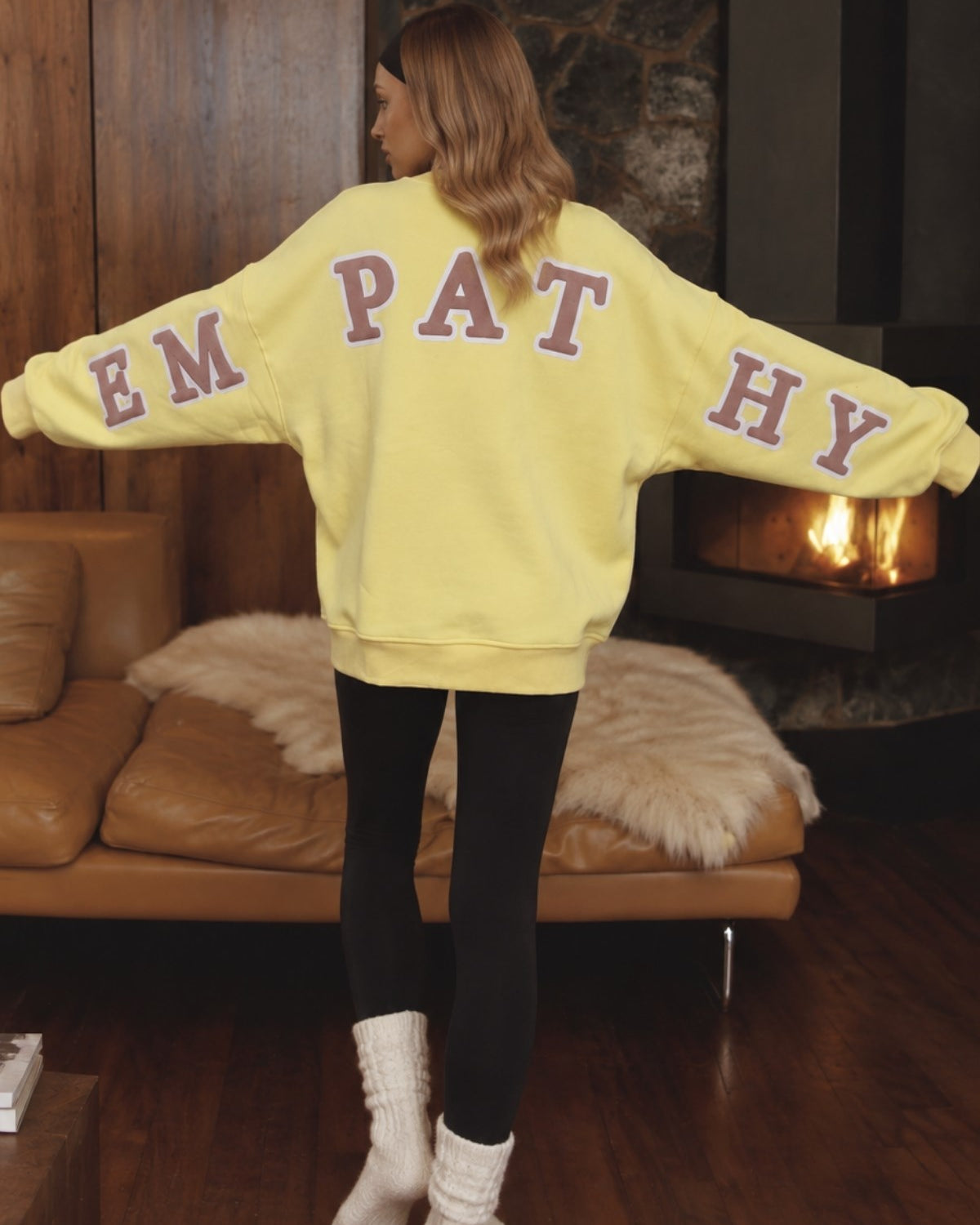 Kadın Oversize Sweatshirt Empathy 3D Baskılı Sarı – Bisiklet Yaka, 3 İplik Şardonlu Polar
