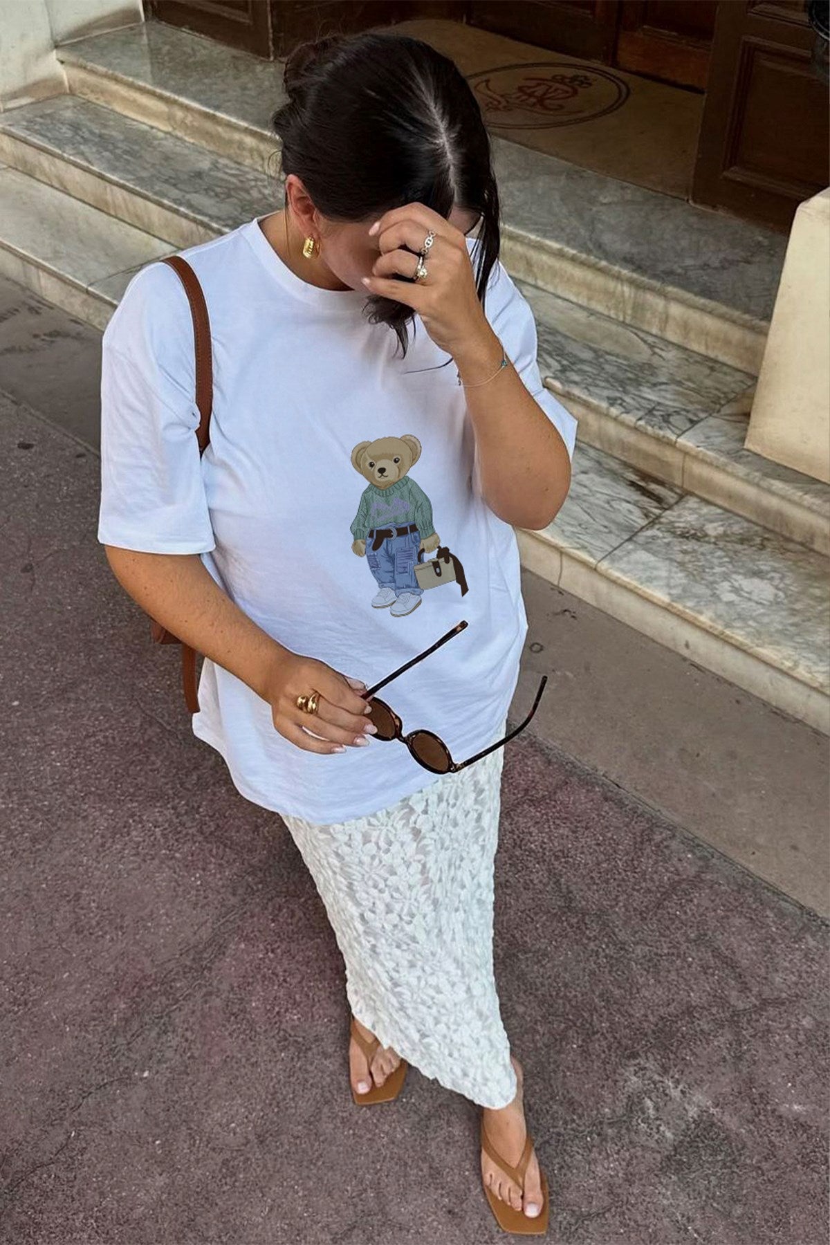 Kadın Oversize Tişört COZY Bear Baskılı Beyaz– %100 Pamuk Compact Süprem 24/1