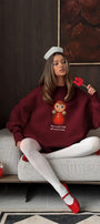Kadın Oversize Sweatshirt Elbise Matryoshka Girl Baskılı Bordo – Bisiklet Yaka, 3 İplik Polar