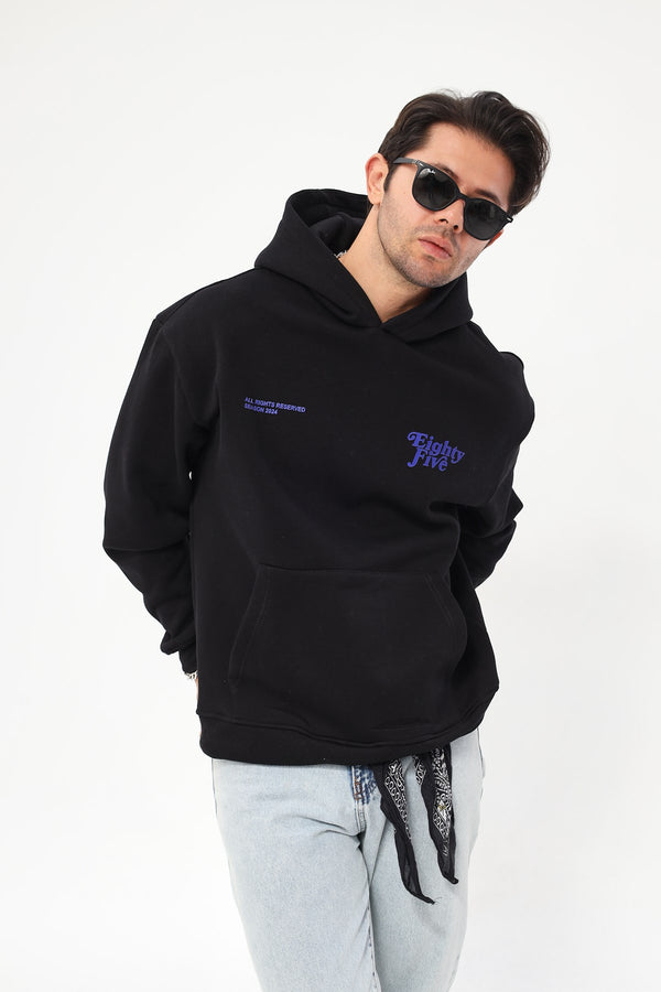 Kapüşonlu İçi Polar Eighty Five Yazı Baskılı Siyah Oversize Hoodie Sweatshirt