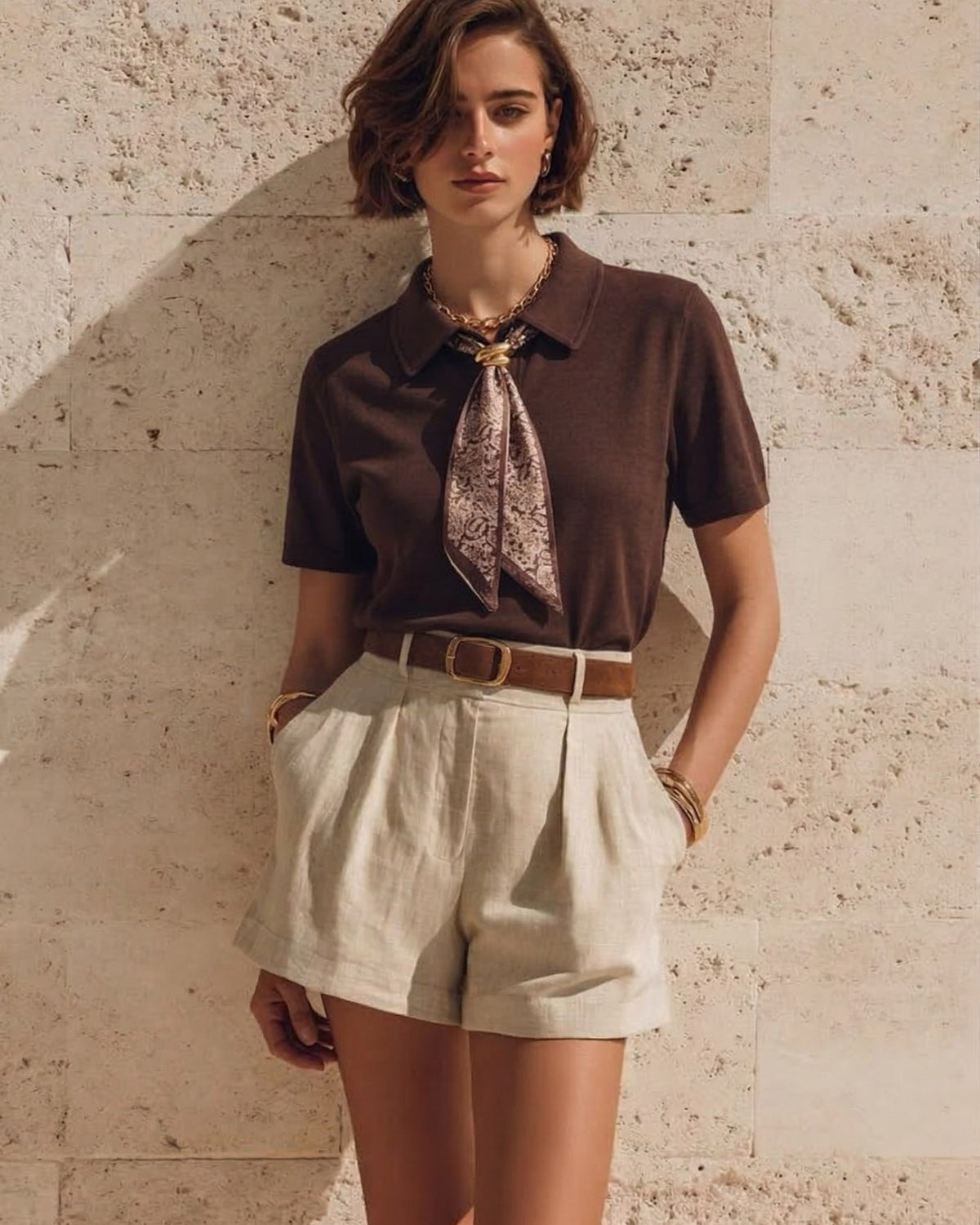 Kadın Polo Yaka Tişört Saten Fularlı Detaylı Kahverengi – %100 Pamuk, Metal Aksesuarlı, Kısa Kollu.