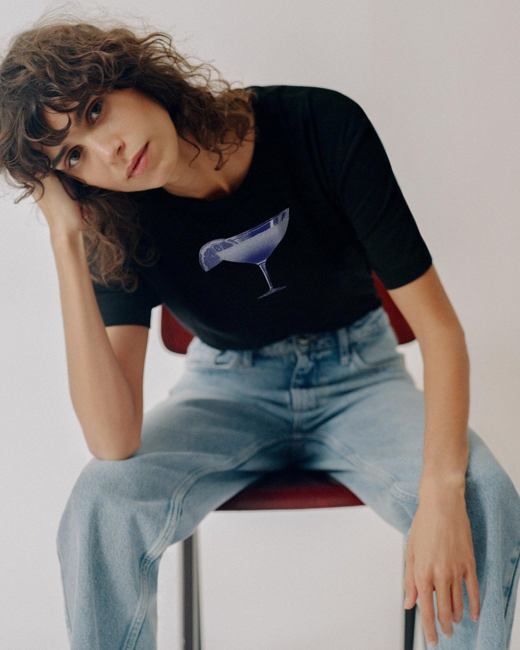 Kokteyl Kadeh Tasarım Baskılı Siyah Kadın T-shirt