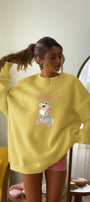 Kadın Oversize Sweatshirt Elbise Blessed Bunny Baskılı Sarı – Bisiklet Yaka, 3 İplik Şardonlu Polar