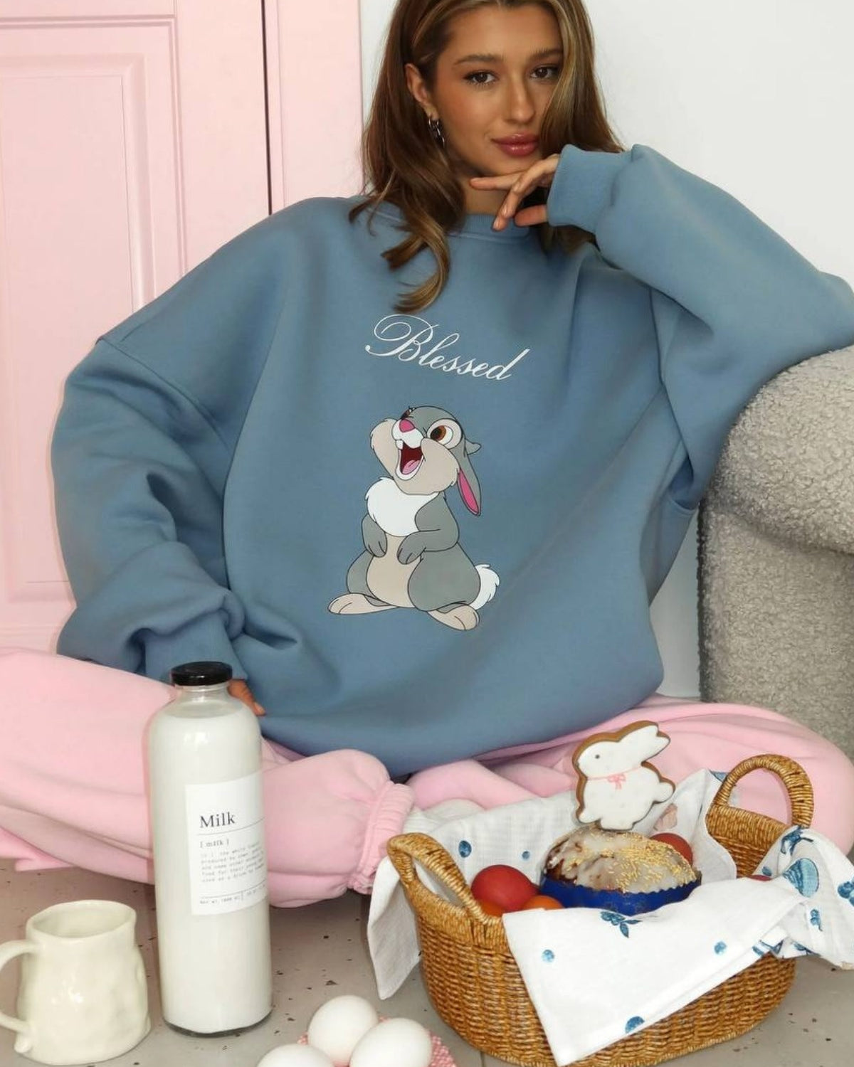 Kadın Oversize Sweat Elbise Blessed Bunny Baskılı Marine – Bisiklet Yaka, 3 İplik Şardonlu Polar