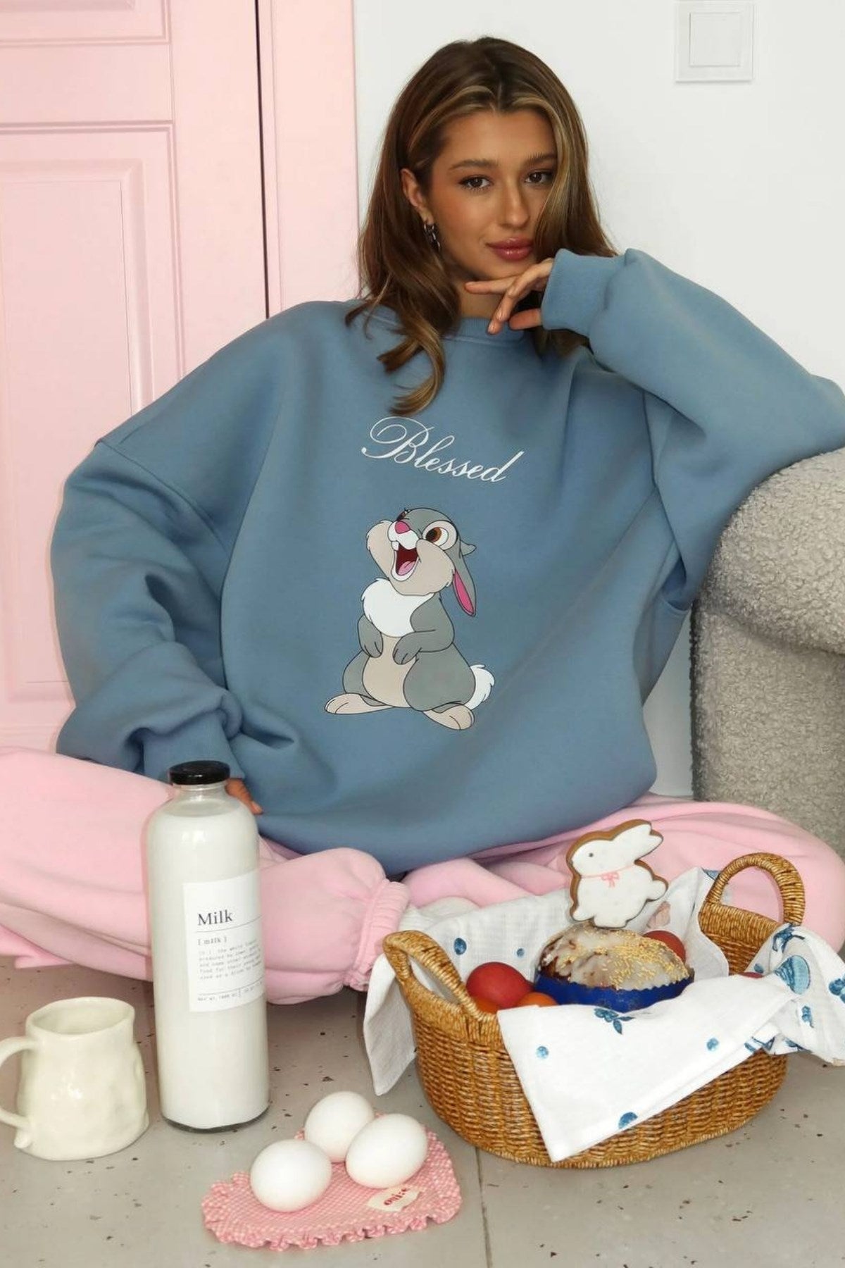 Kadın Oversize Sweat Elbise Blessed Bunny Baskılı Marine – Bisiklet Yaka, 3 İplik Şardonlu Polar