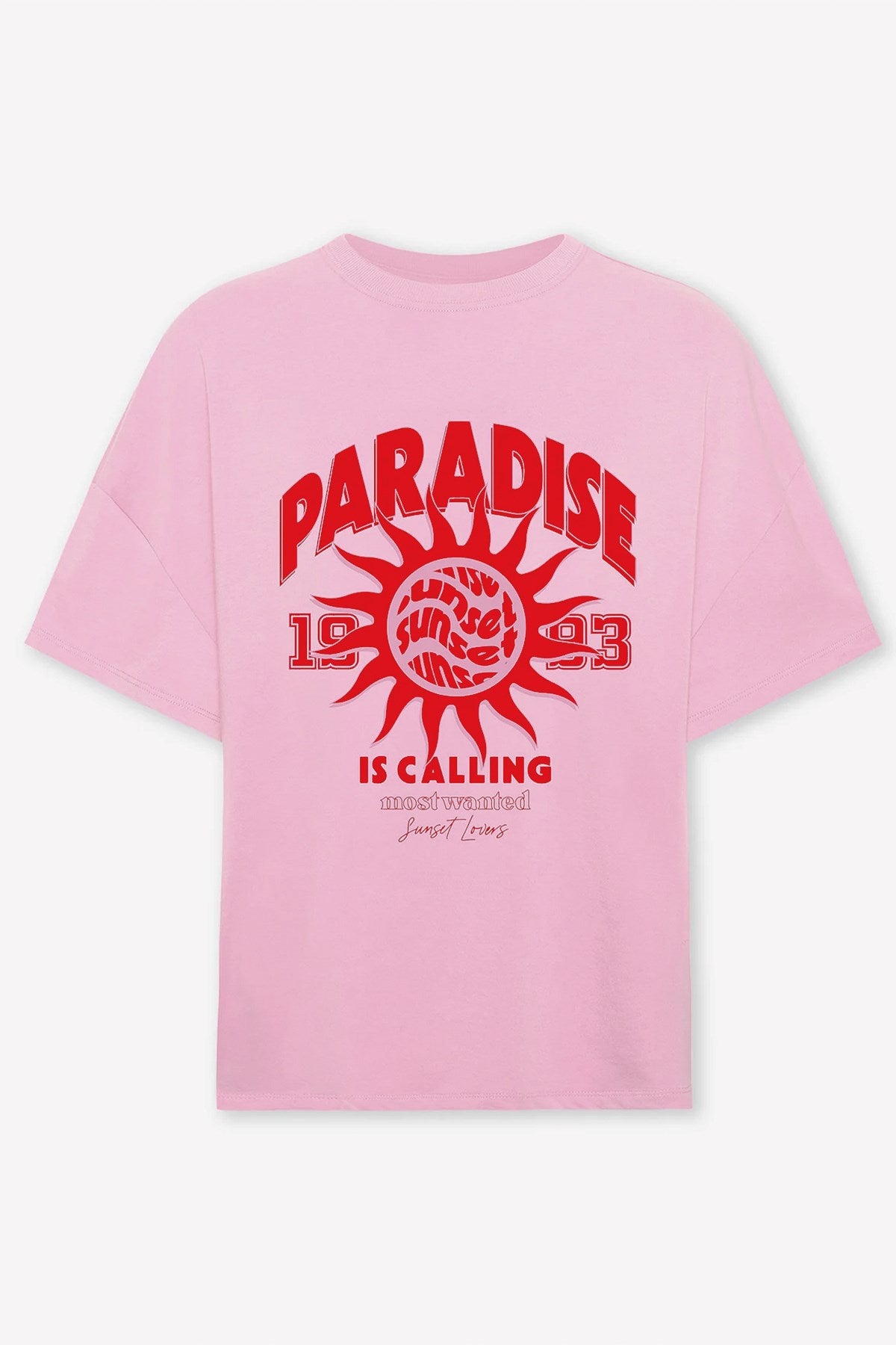 Kadın Oversize Tişört Paradise Calling Baskılı Pembe – Bisiklet Yaka, %100 Pamuk Compact Süprem 24/1