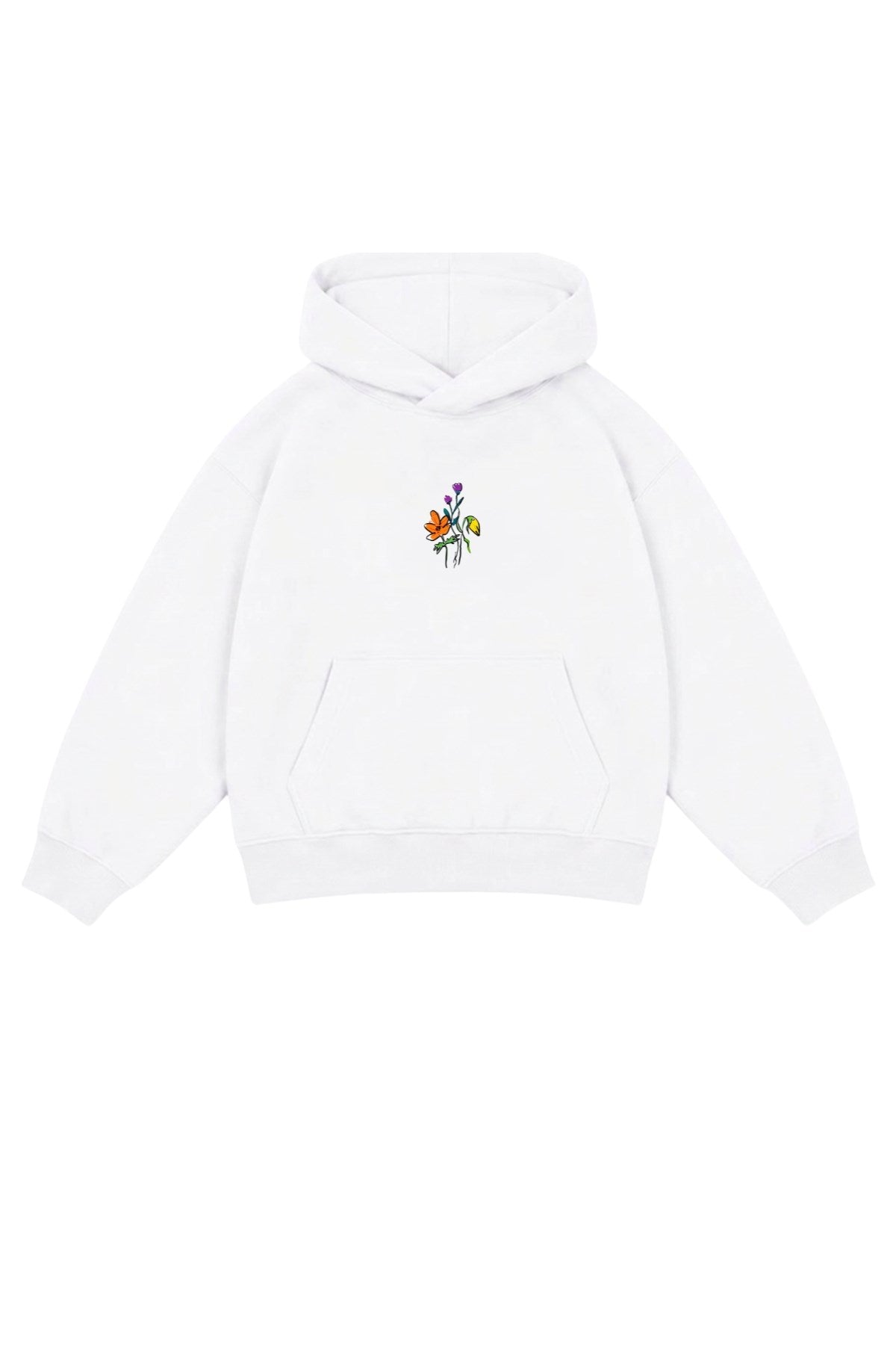 Kız Çocuk Oversize Hoodie Sweatshirt Flower Heaven Baskılı Beyaz – Kapüşonlu, Cepli, 3 İplik Polar  