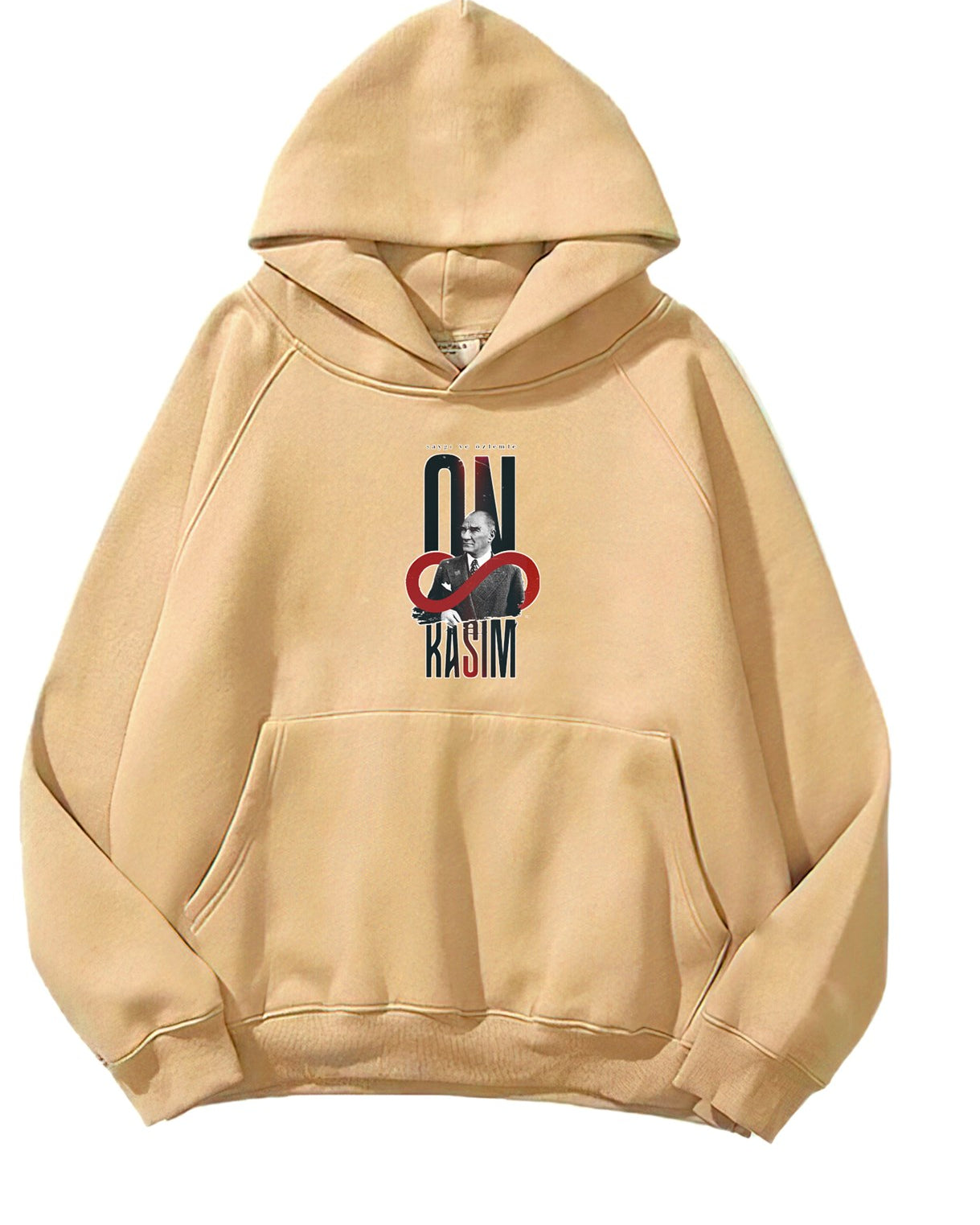 Kapüşonlu İçi Polar Kemal Atatürk 10 Kasım Baskılı Bej Unisex Hoodie Sweatshirt