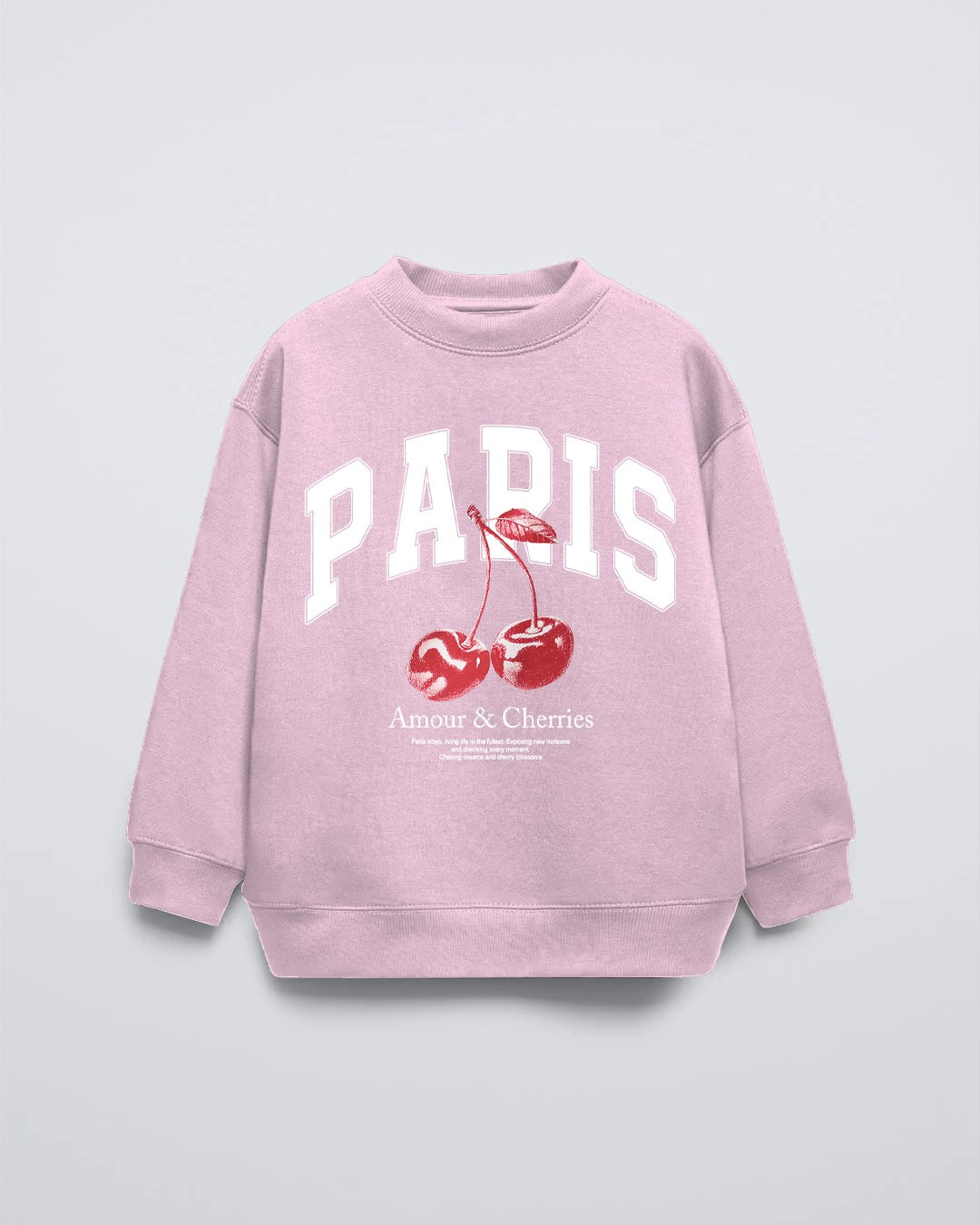 Pembe Bisiklet Yaka Paris Yazılı Cherries Baskılı Oversize Çocuk Sweatshirt