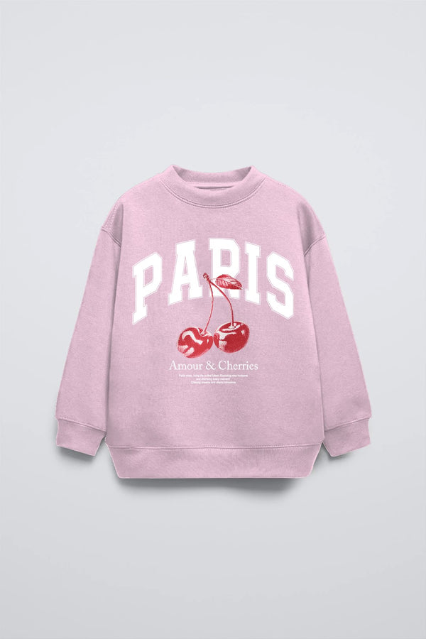 Pembe Bisiklet Yaka Paris Yazılı Cherries Baskılı Oversize Çocuk Sweatshirt