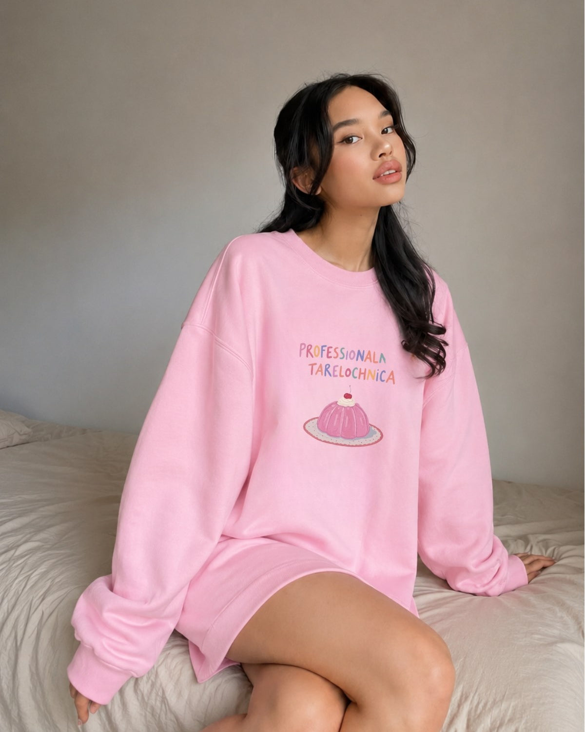 Kadın Oversize Sweatshirt Elbise Sweet Mood Baskılı Pembe – Bisiklet Yaka, 3 İplik Şardonlu Polar