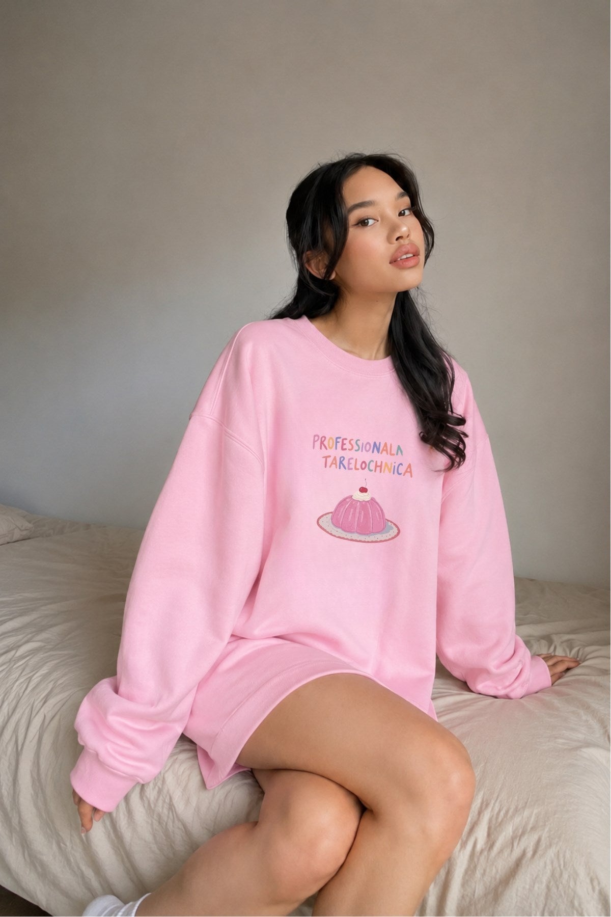 Kadın Oversize Sweatshirt Elbise Sweet Mood Baskılı Pembe – Bisiklet Yaka, 3 İplik Şardonlu Polar