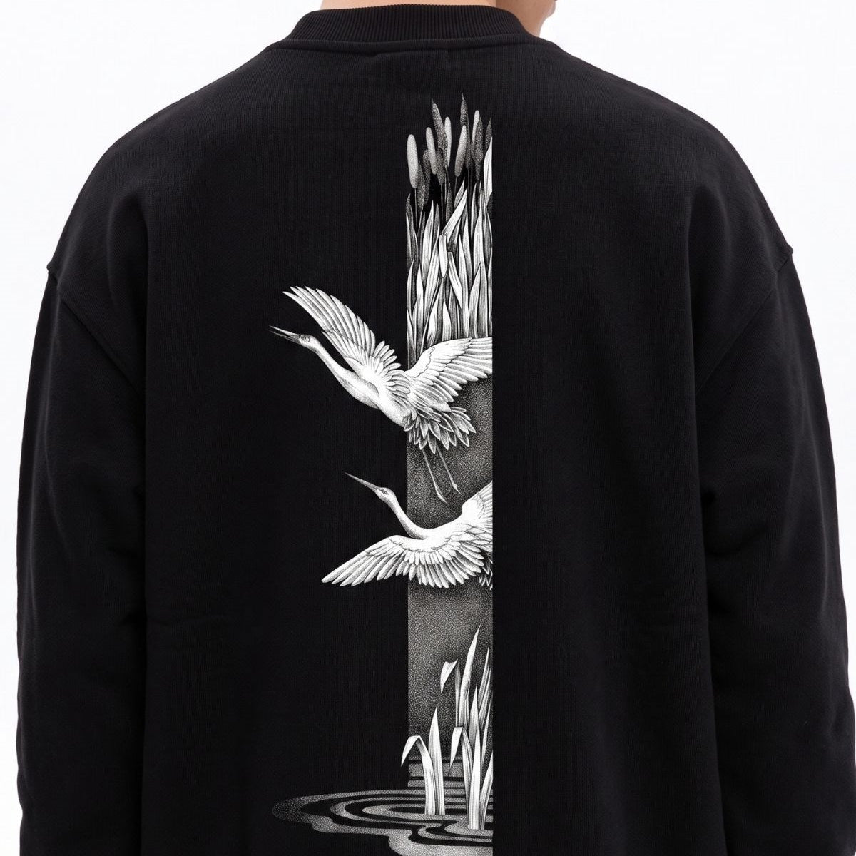 Erkek Oversize Sweatshirt Heron Line Baskılı Siyah – Bisiklet Yaka, 3 İplik Şardonlu Polar
