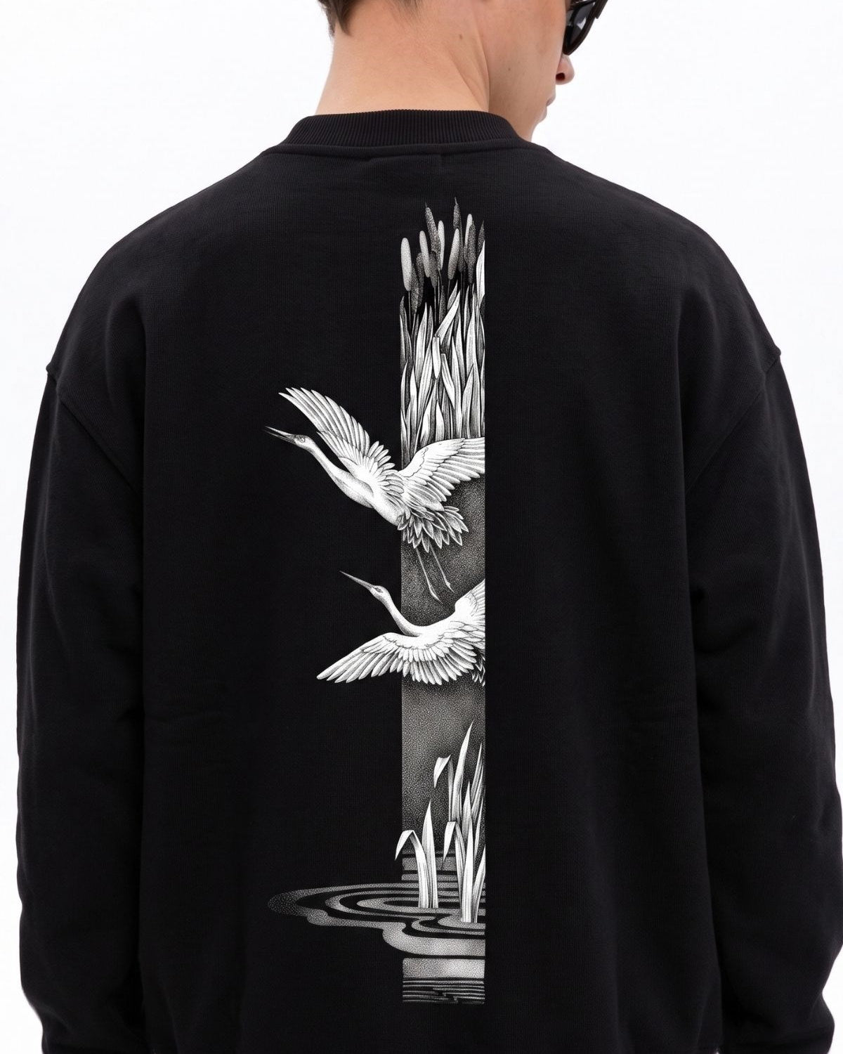 Erkek Oversize Sweatshirt Heron Line Baskılı Siyah – Bisiklet Yaka, 3 İplik Şardonlu Polar