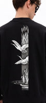 Erkek Oversize Sweatshirt Heron Line Baskılı Siyah – Bisiklet Yaka, 3 İplik Şardonlu Polar
