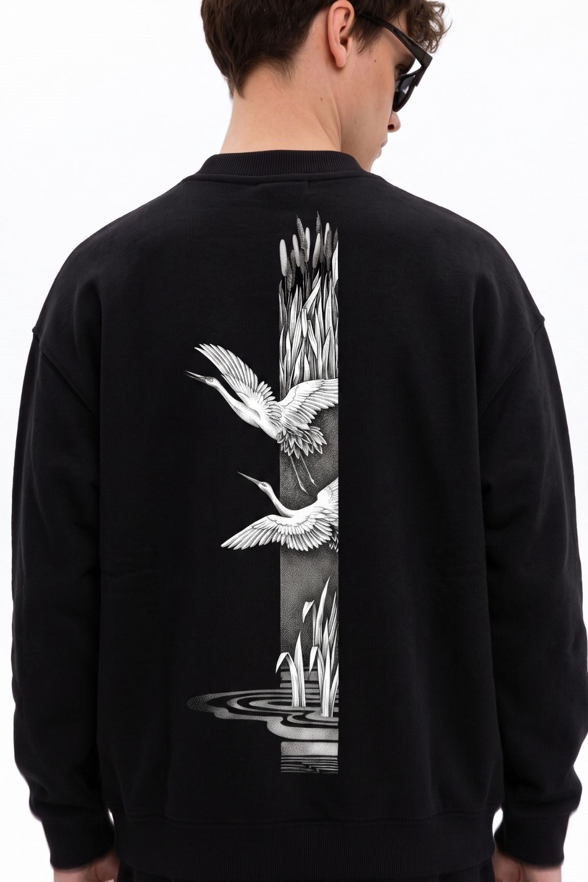 Erkek Oversize Sweatshirt Heron Line Baskılı Siyah – Bisiklet Yaka, 3 İplik Şardonlu Polar