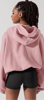 Kadın Pembe Kapüşonlu Sweatshirt Fermuarlı 3 İplik Şardonlu Oversize Kesim