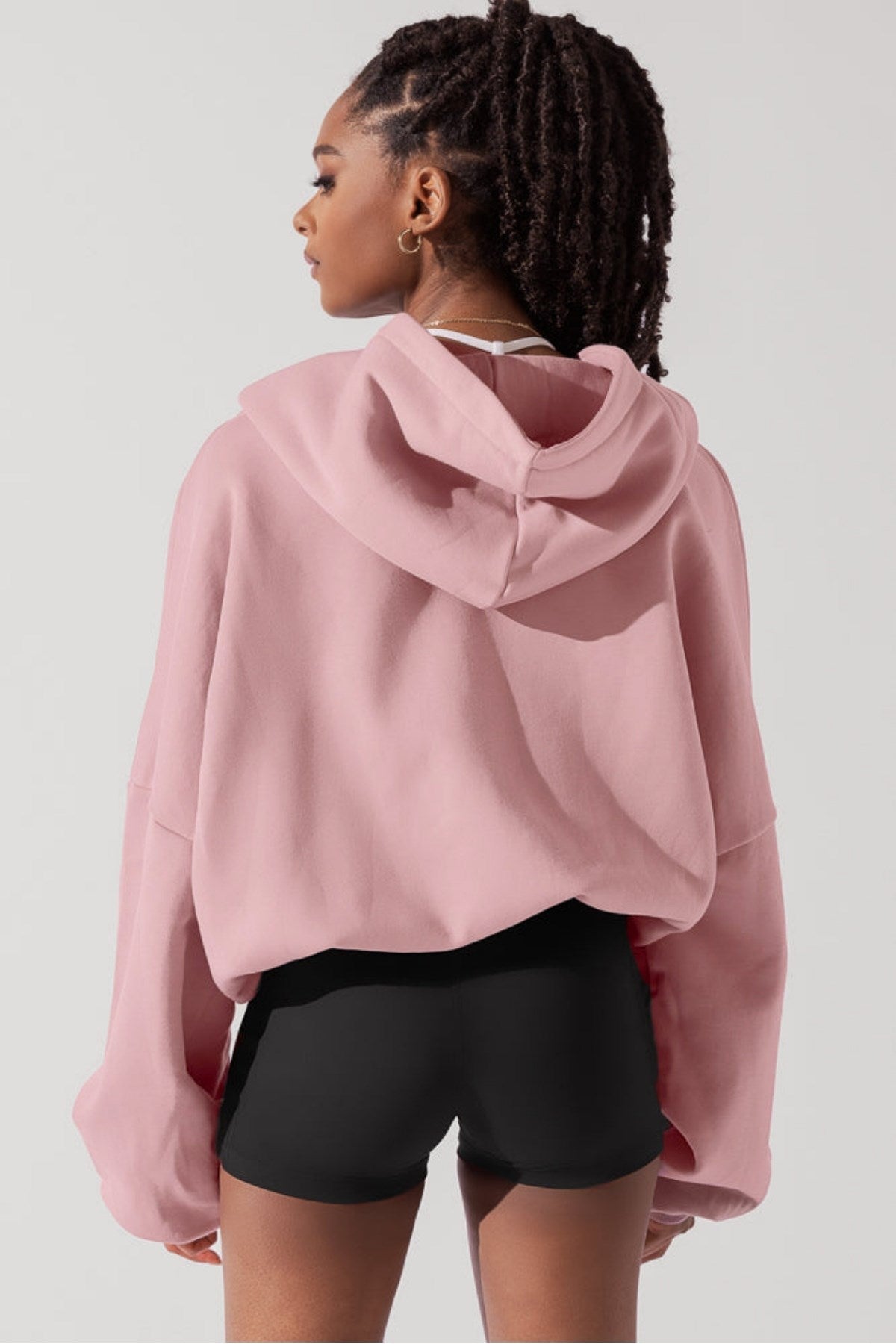 Kadın Pembe Kapüşonlu Sweatshirt Fermuarlı 3 İplik Şardonlu Oversize Kesim