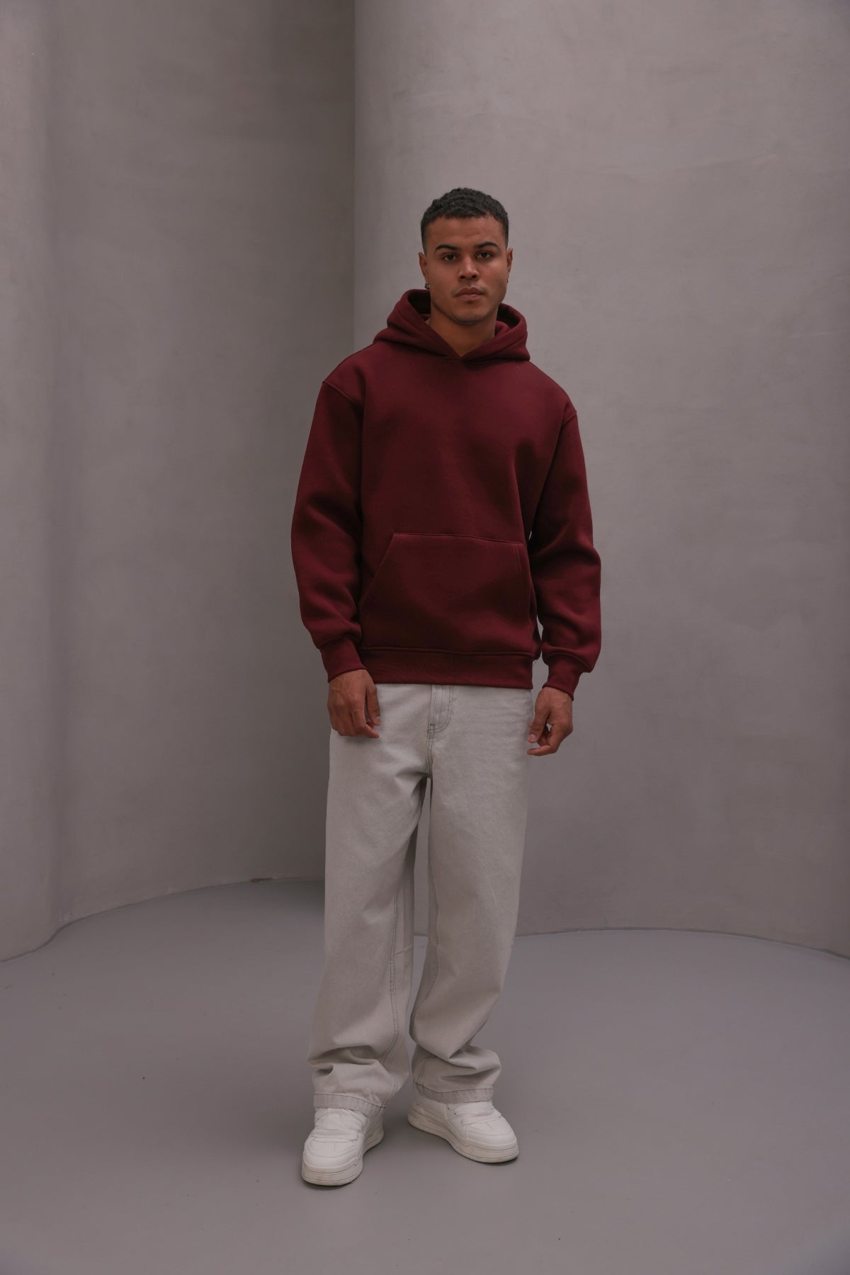 Erkek Oversize Sweatshirt Hoodie Basic Bordo – Kapüşonlu, 3 İplik Polar, Kanguru Cepli