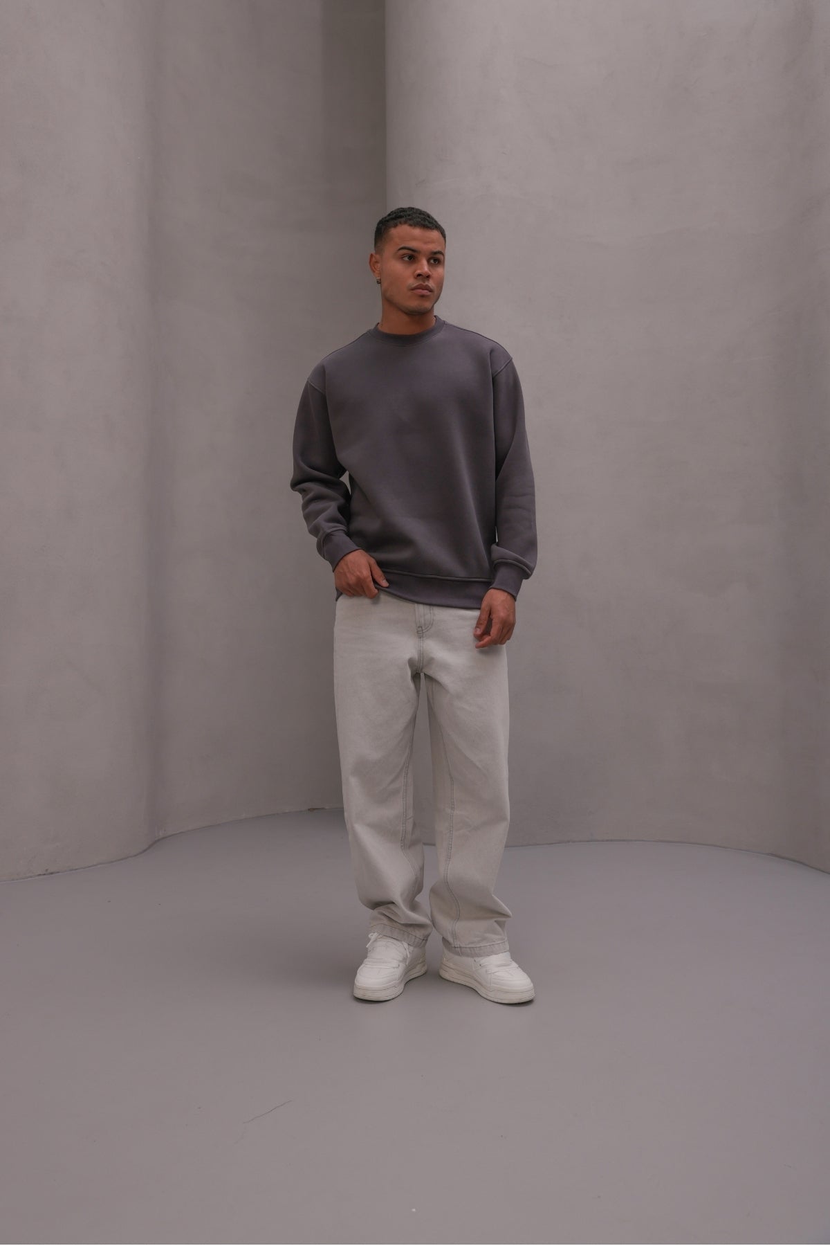 Erkek Oversize Sweatshirt Basic Füme – Bisiklet Yaka, 3 İplik Şardonlu Polar