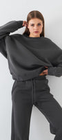 Unisex Oversize Sweatshirt Basic Füme – Bisiklet Yaka, 3 İplik Şardonlu Polar