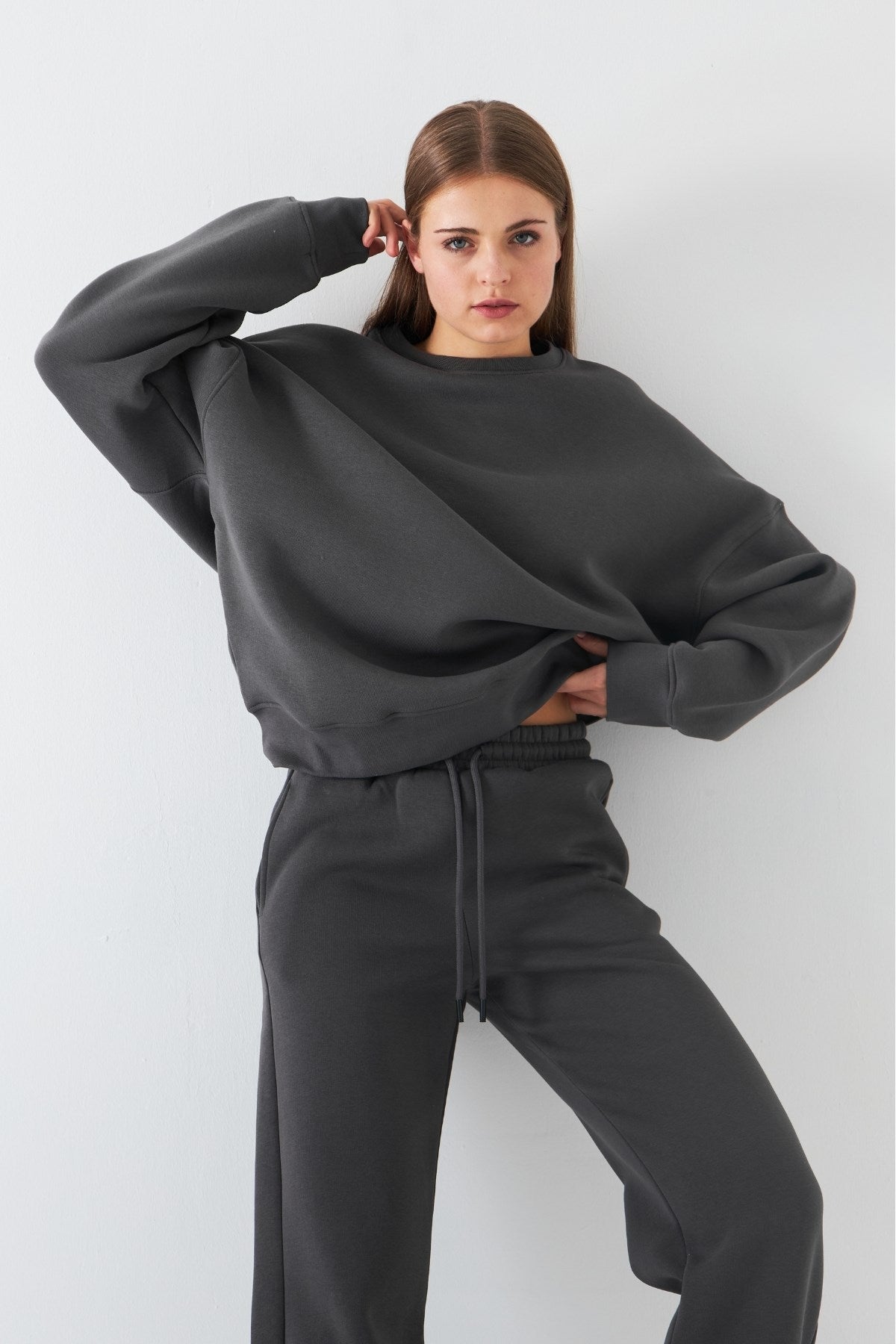 Unisex Oversize Sweatshirt Basic Füme – Bisiklet Yaka, 3 İplik Şardonlu Polar