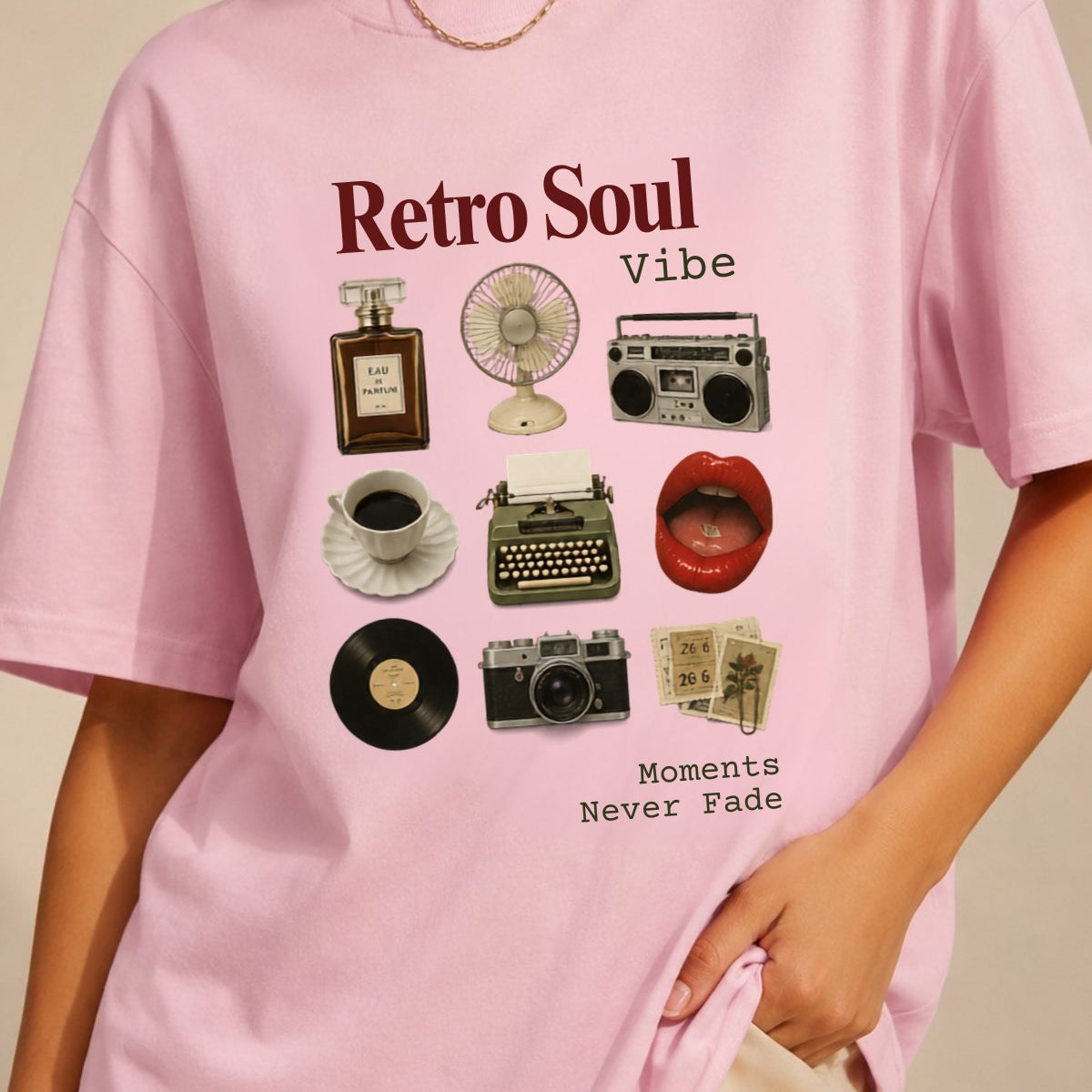 Kadın Oversize Tişört Retro Soul Vibe Baskılı Pembe – Bisiklet Yaka, Rahat Kalıp, %100 Pamuk