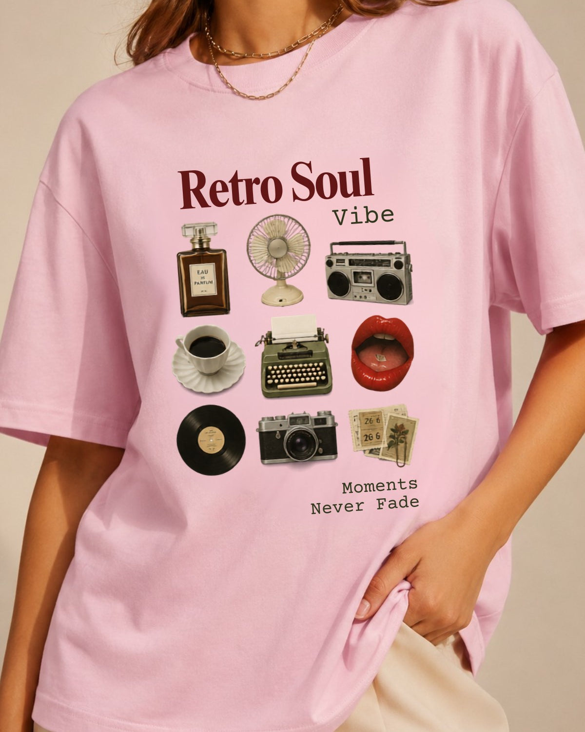 Kadın Oversize Tişört Retro Soul Vibe Baskılı Pembe – Bisiklet Yaka, Rahat Kalıp, %100 Pamuk