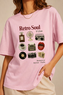 Kadın Oversize Tişört Retro Soul Vibe Baskılı Pembe – Bisiklet Yaka, Rahat Kalıp, %100 Pamuk
