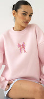 Kadın Oversize Sweatshirt Pembe  Kurdele Baskılı Pembe – Bisiklet Yaka, 3 İplik Şardonlu Polar