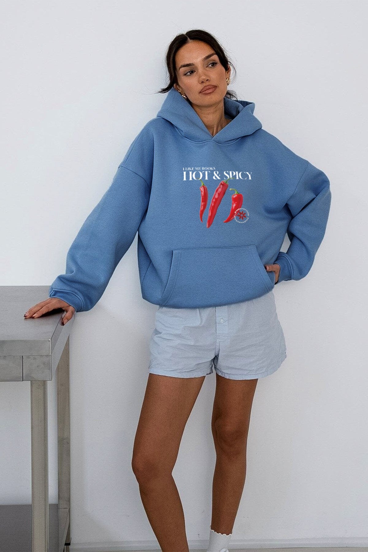 Kadın Oversize Sweatshirt Hoodie Hot & Spicy Baskılı Marine – Kapüşonlu, 3 İplik Şardonlu Polar