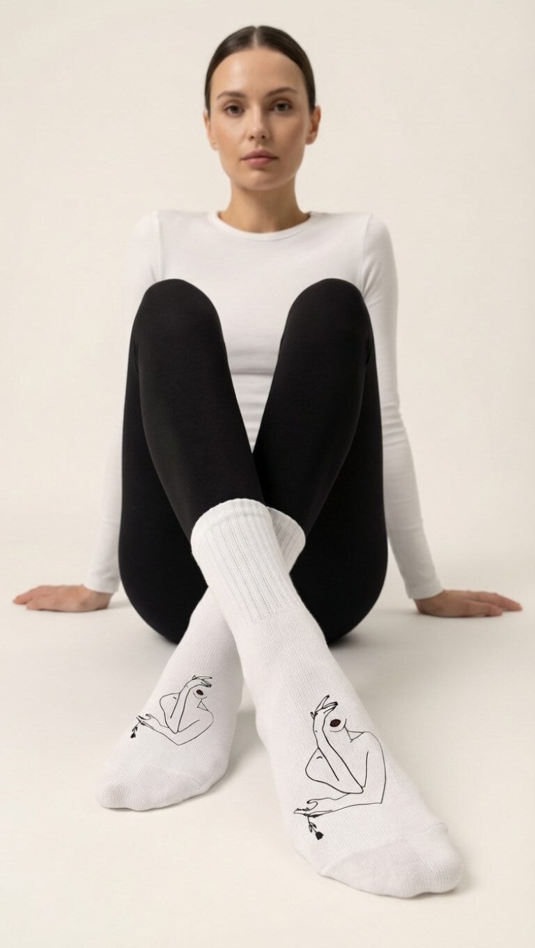 Unisex Beyaz Uzun Çorap Kadın Figürlü - Nefes Alan Pamuklu-Koku Oluşumunu Azaltmaya Yardımcı 6’lI 