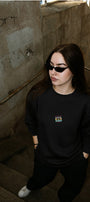 Kadın Oversize Sweatshirt Retro Kaset Baskılı Siyah – Bisiklet Yaka, 3 İplik Şardonlu Polar
