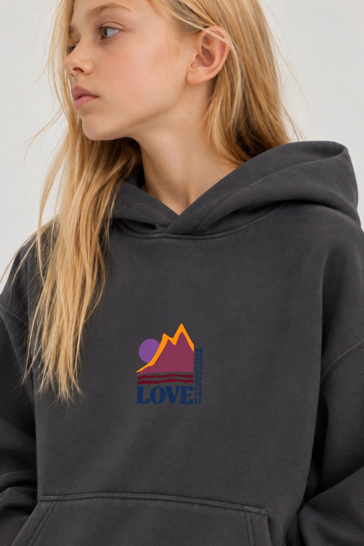 Kız Çocuk Oversize Hoodie Love Mount Baskılı Füme – Kapüşonlu, Cepli, 3 İplik Polar