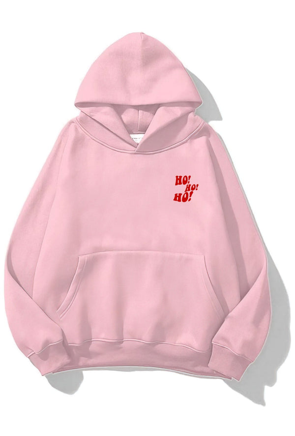 Kapüşonlu İçi Polar Ho! Ho! Ho! Christmas Yazı Baskılı Pembe Unisex Sweatshirt