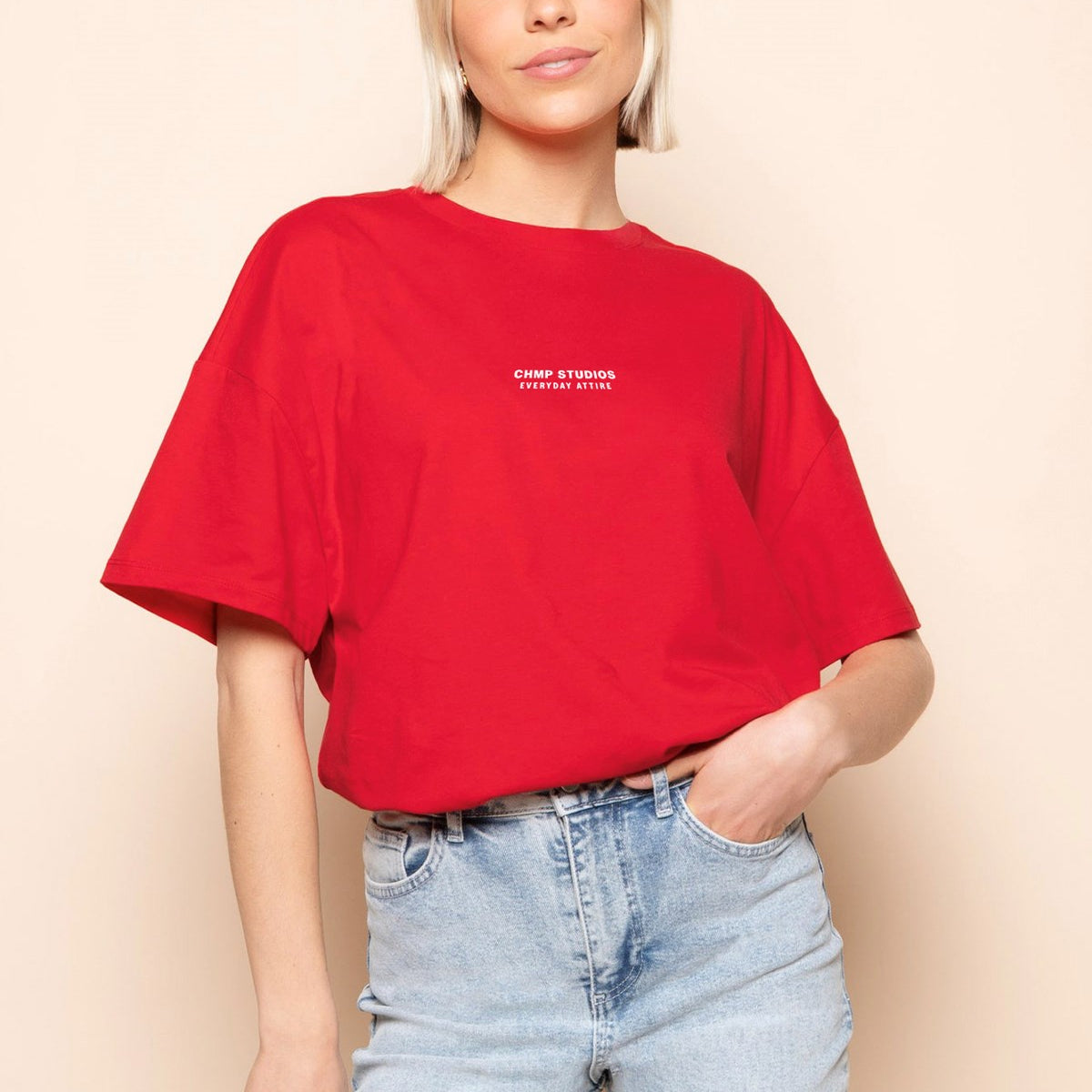 Kadın Oversize Tişört CHMP STUDIOS Baskılı Kırmızı – Bisiklet Yaka, %100 Pamuk Compact Süprem 24/1