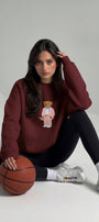 Kadın Oversize Sweatshirt Pink Suit Bear 3D Baskılı Bordo – Bisiklet Yaka, 3 İplik Şardonlu Polar