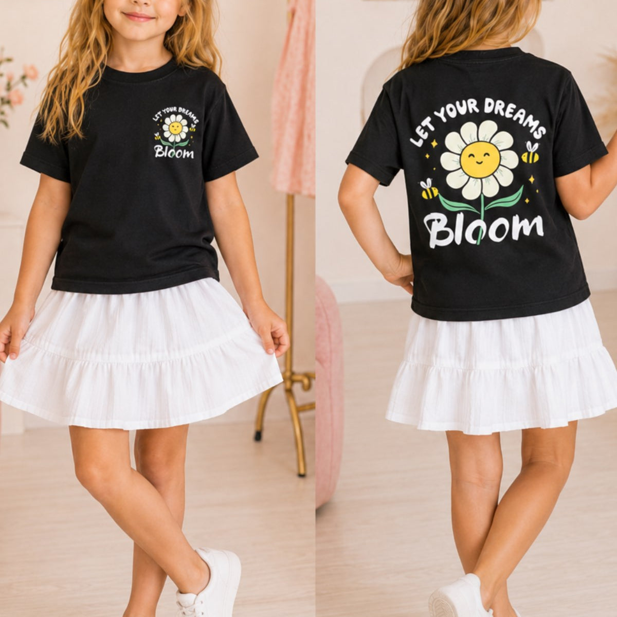 Kız Çocuk Tişört Let Your Dreams Bloom Baskılı Siyah – Bisiklet Yaka, Rahat Kalıp, %100 Pamuk