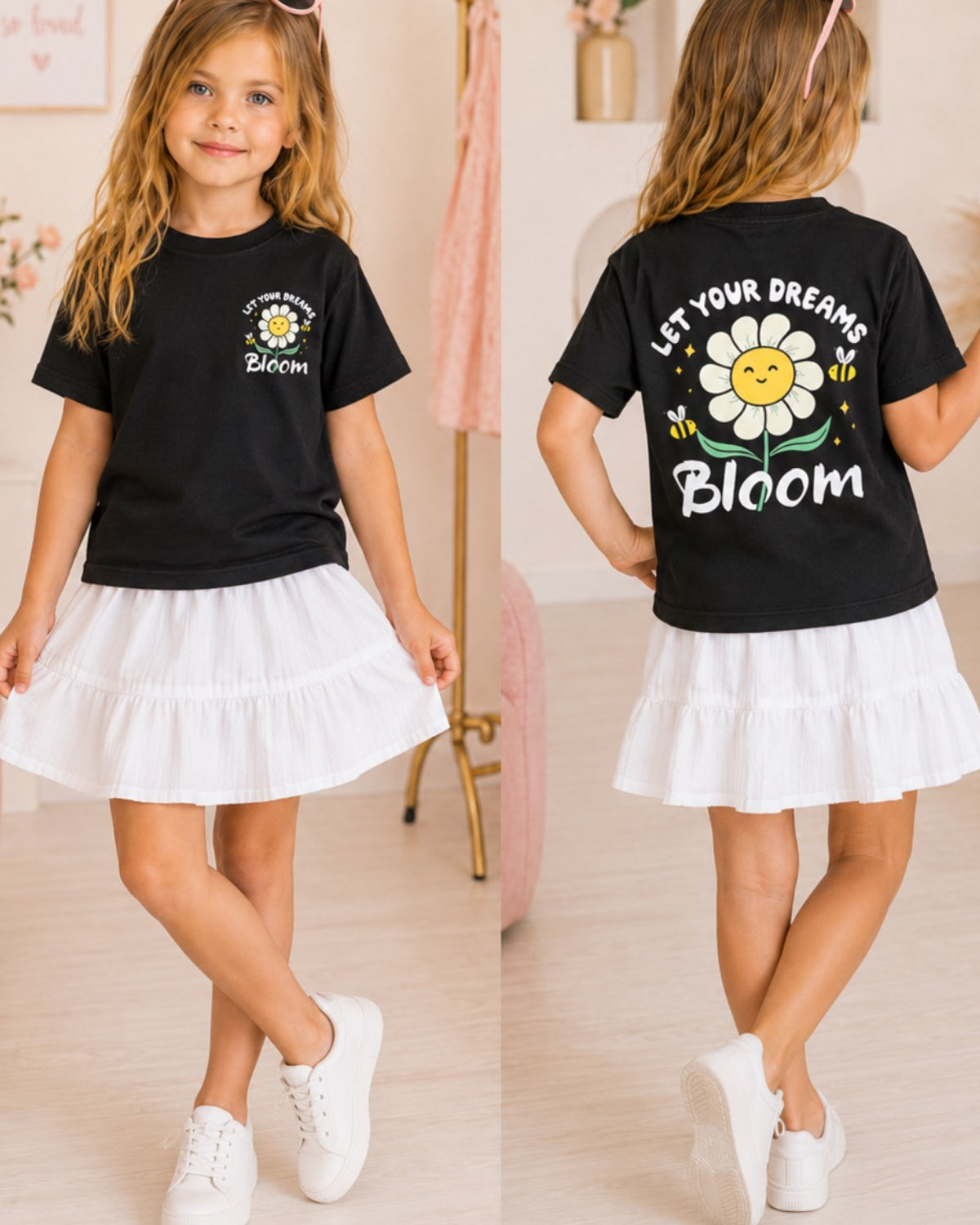 Kız Çocuk Tişört Let Your Dreams Bloom Baskılı Siyah – Bisiklet Yaka, Rahat Kalıp, %100 Pamuk