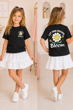 Kız Çocuk Tişört Let Your Dreams Bloom Baskılı Siyah – Bisiklet Yaka, Rahat Kalıp, %100 Pamuk