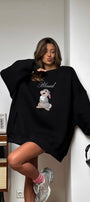 Kadın Oversize Sweatshirt Elbise Blessed Bunny Baskılı Siyah – Bisiklet Yaka, 3 İplik Şardonlu Polar