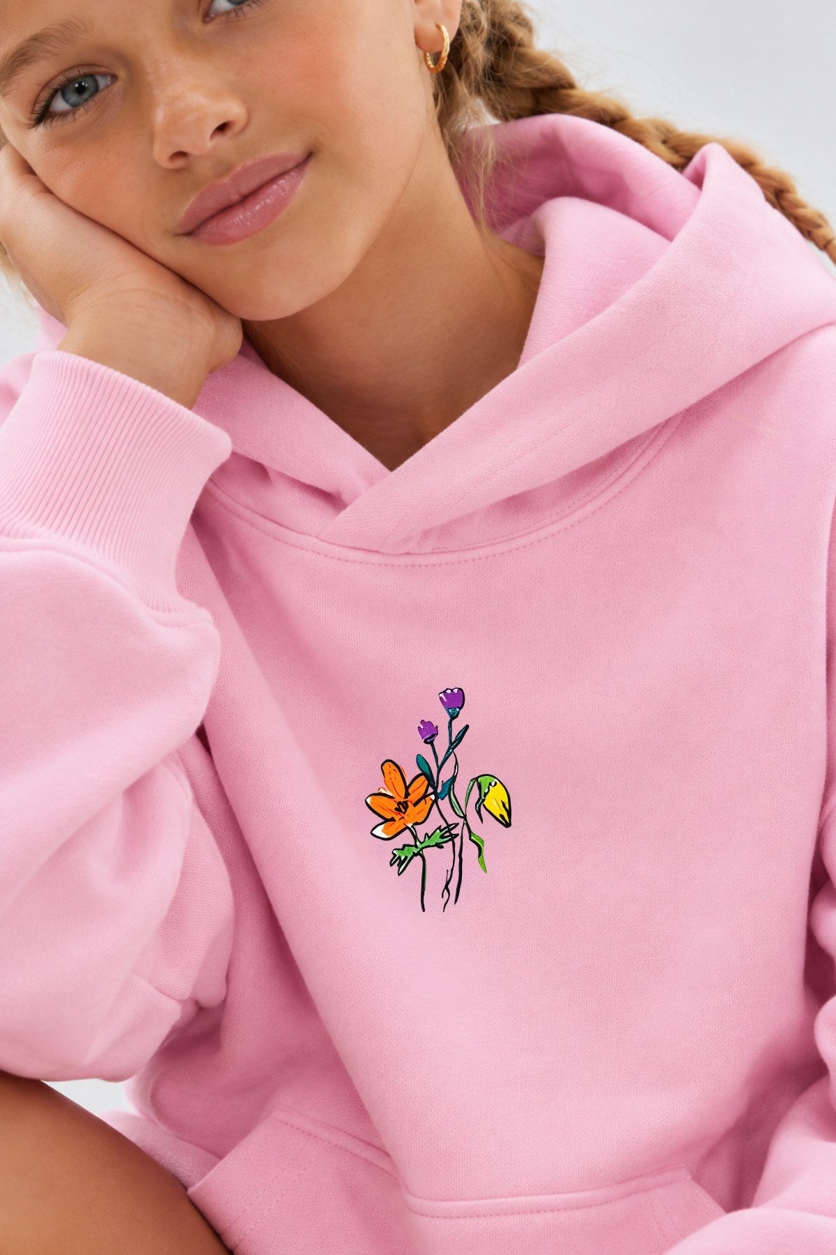 Kız Çocuk Oversize Hoodie Sweatshirt Flower Heaven Baskılı Pembe – Kapüşonlu, Cepli, 3 İplik Polar  