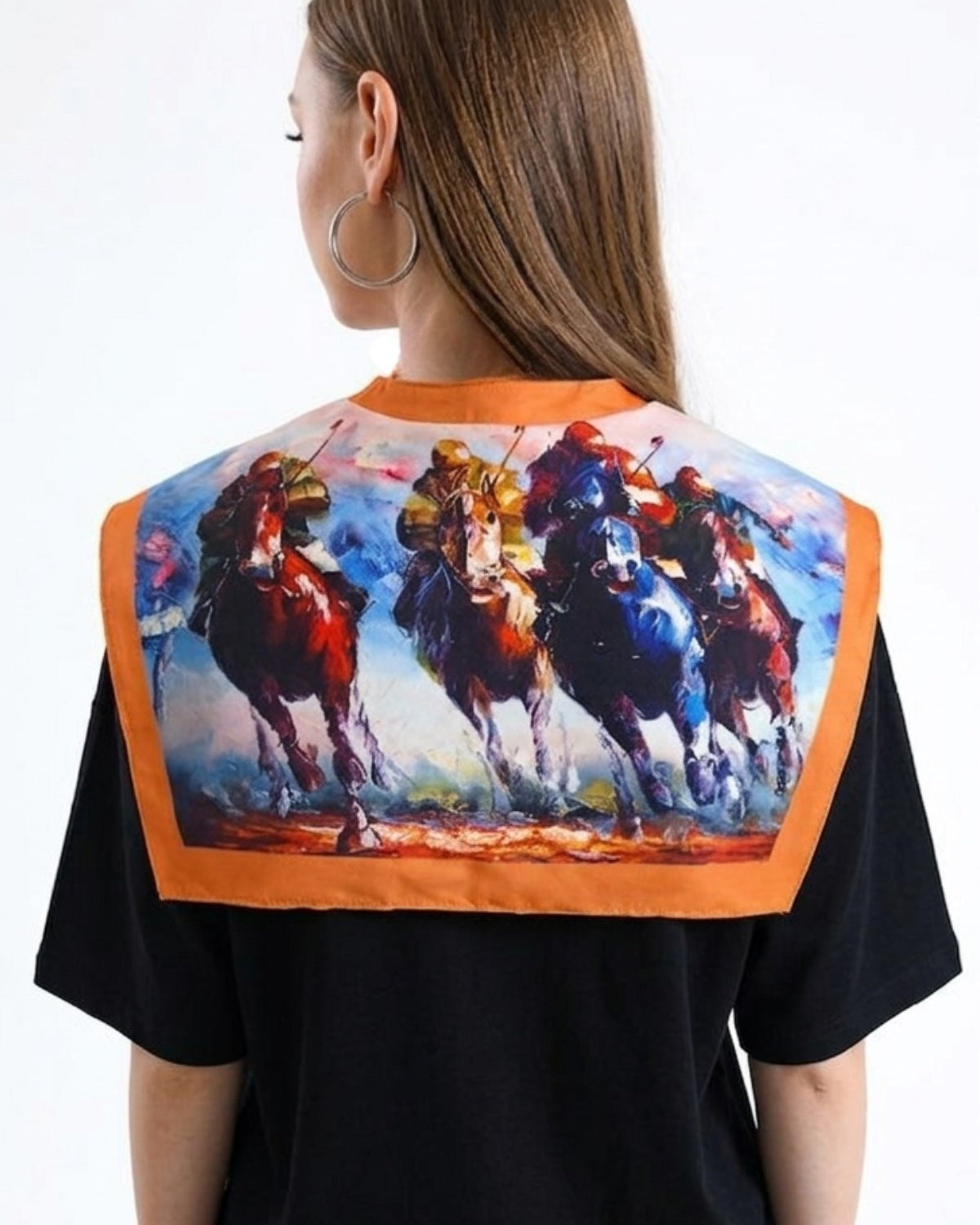 Kadın Oversize Tişört Sunset Derby Şal Yaka Aksesuarlı Siyah – Rahat Kalıp, %100 Pamuk