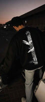 Erkek Oversize Sweatshirt Heron Line Baskılı Siyah – Bisiklet Yaka, 3 İplik Şardonlu Polar
