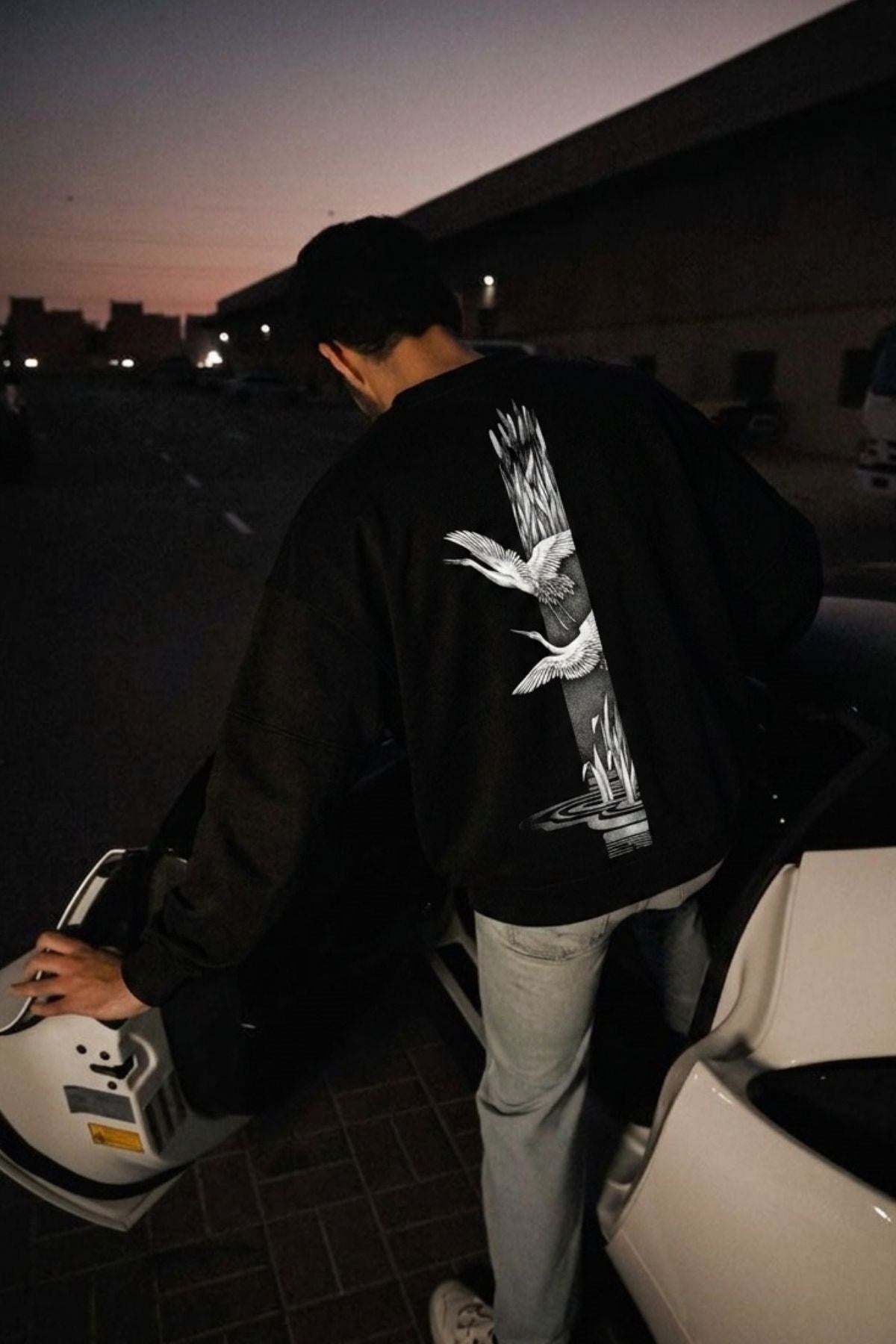 Erkek Oversize Sweatshirt Heron Line Baskılı Siyah – Bisiklet Yaka, 3 İplik Şardonlu Polar