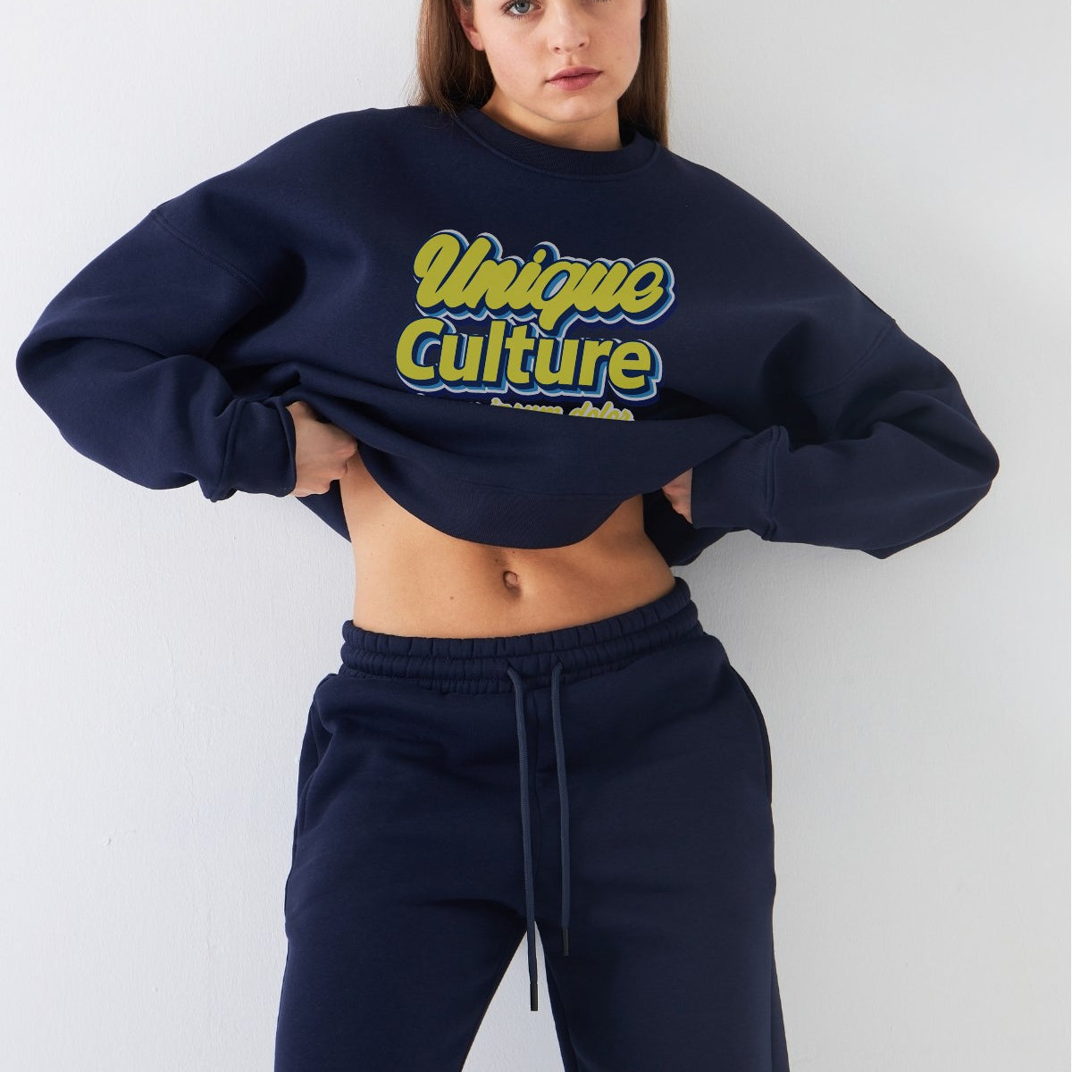 Kadın Oversize Sweatshirt Unique Culture Baskılı Lacivert – Bisiklet Yaka, 3 İplik Şardonlu Polar