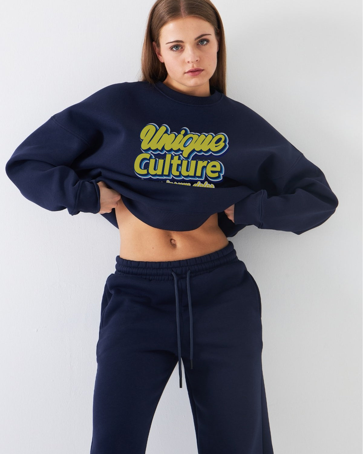 Kadın Oversize Sweatshirt Unique Culture Baskılı Lacivert – Bisiklet Yaka, 3 İplik Şardonlu Polar