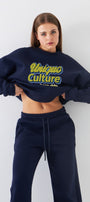 Kadın Oversize Sweatshirt Unique Culture Baskılı Lacivert – Bisiklet Yaka, 3 İplik Şardonlu Polar