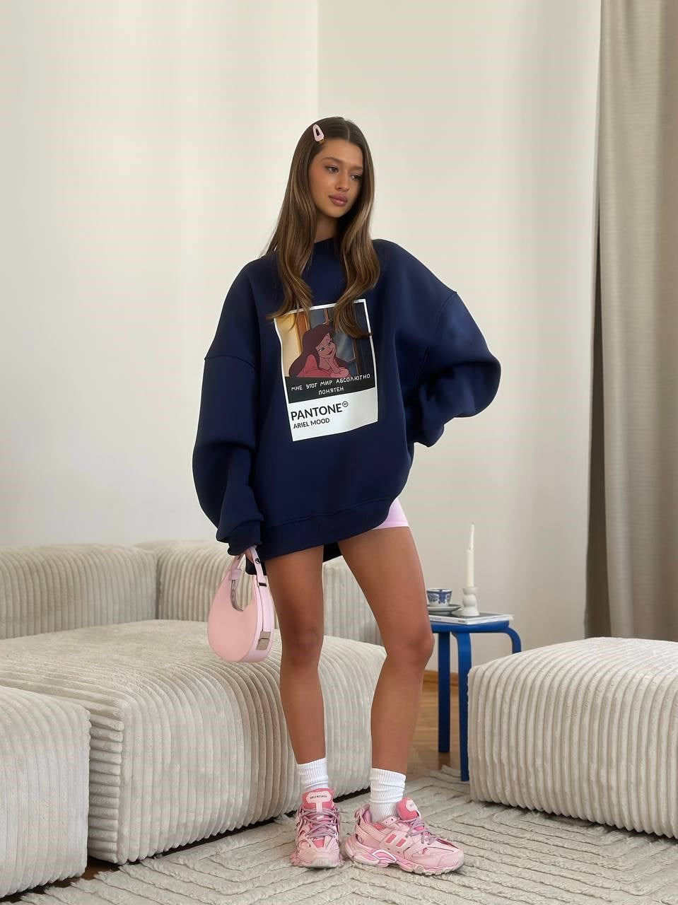 Kadın Oversize Sweat Elbise Lacivert – 3 İplik Şardonlu , Bisiklet Yaka, Pantone - prenses baskılı
